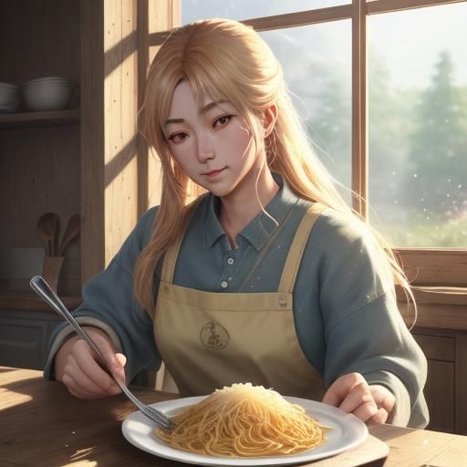 Anime-Inspired Pasta in Cozy Italian Kitchen