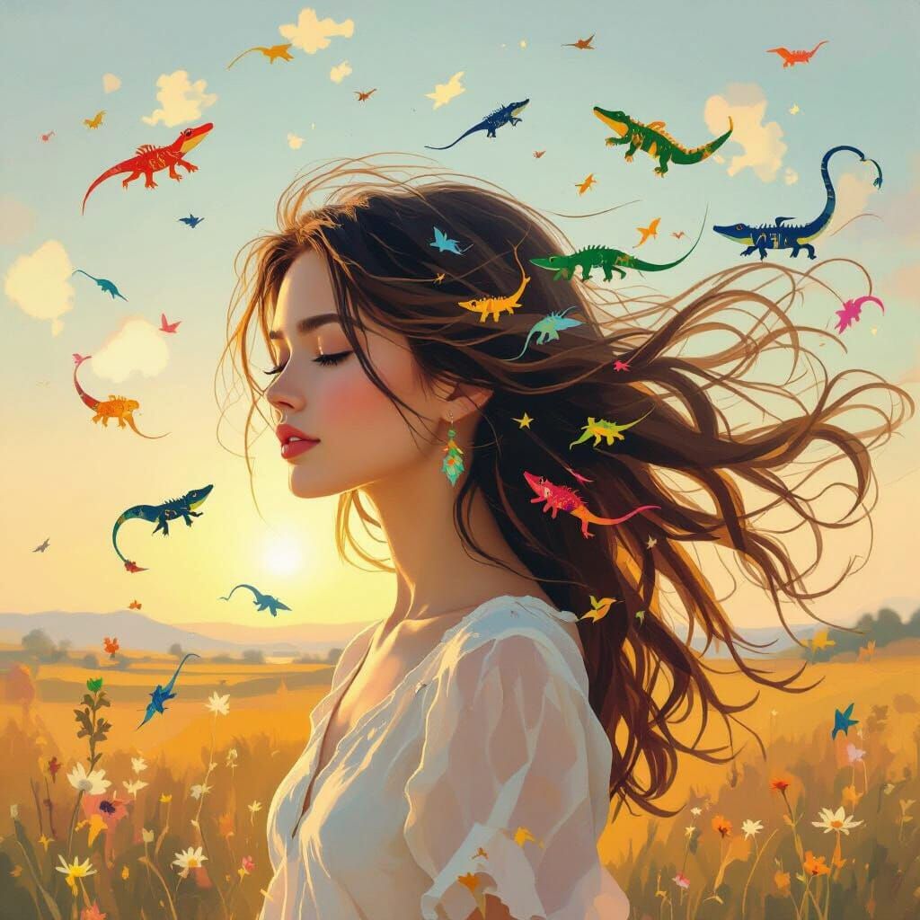 Whimsical Impressionist Painting of Woman in Golden Hour Sun...