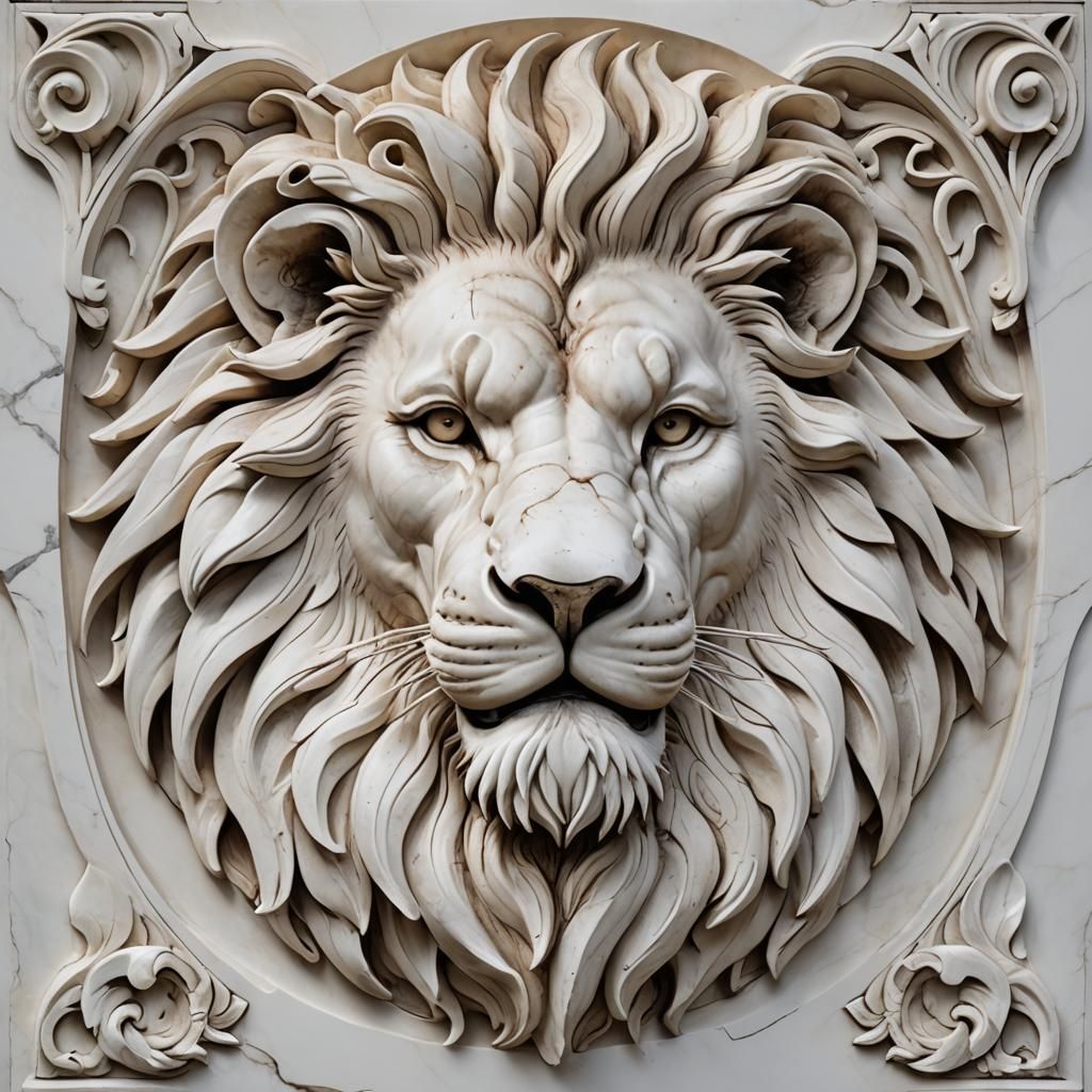 Art Nouveau Style Bas-relief Lion Carved in White Marble
