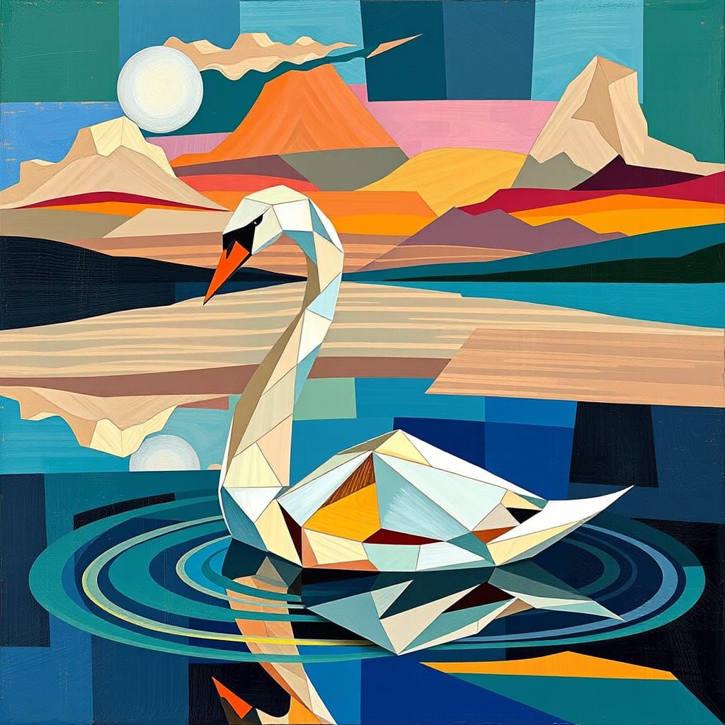 Pearl Swan on Lake: Abstract Cubism Style