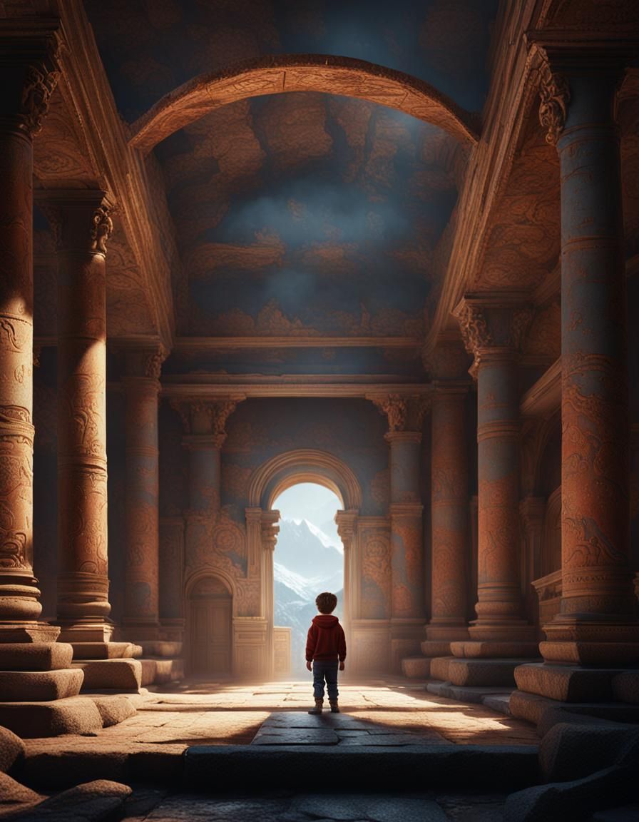 Child in Empty Roman Room: Detailed Matte Painting