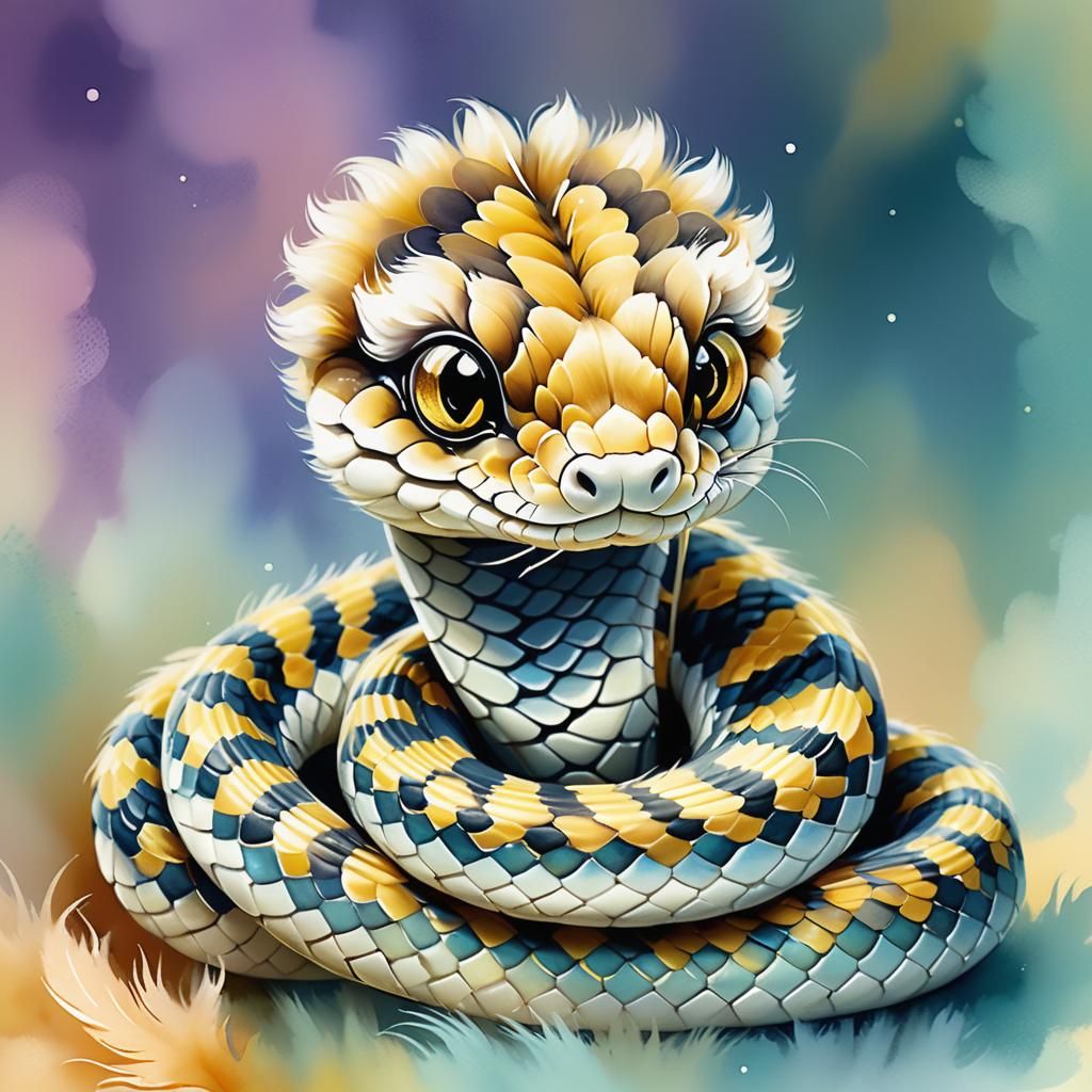 Fuzzy Baby Snake Portrait in Watercolor Style