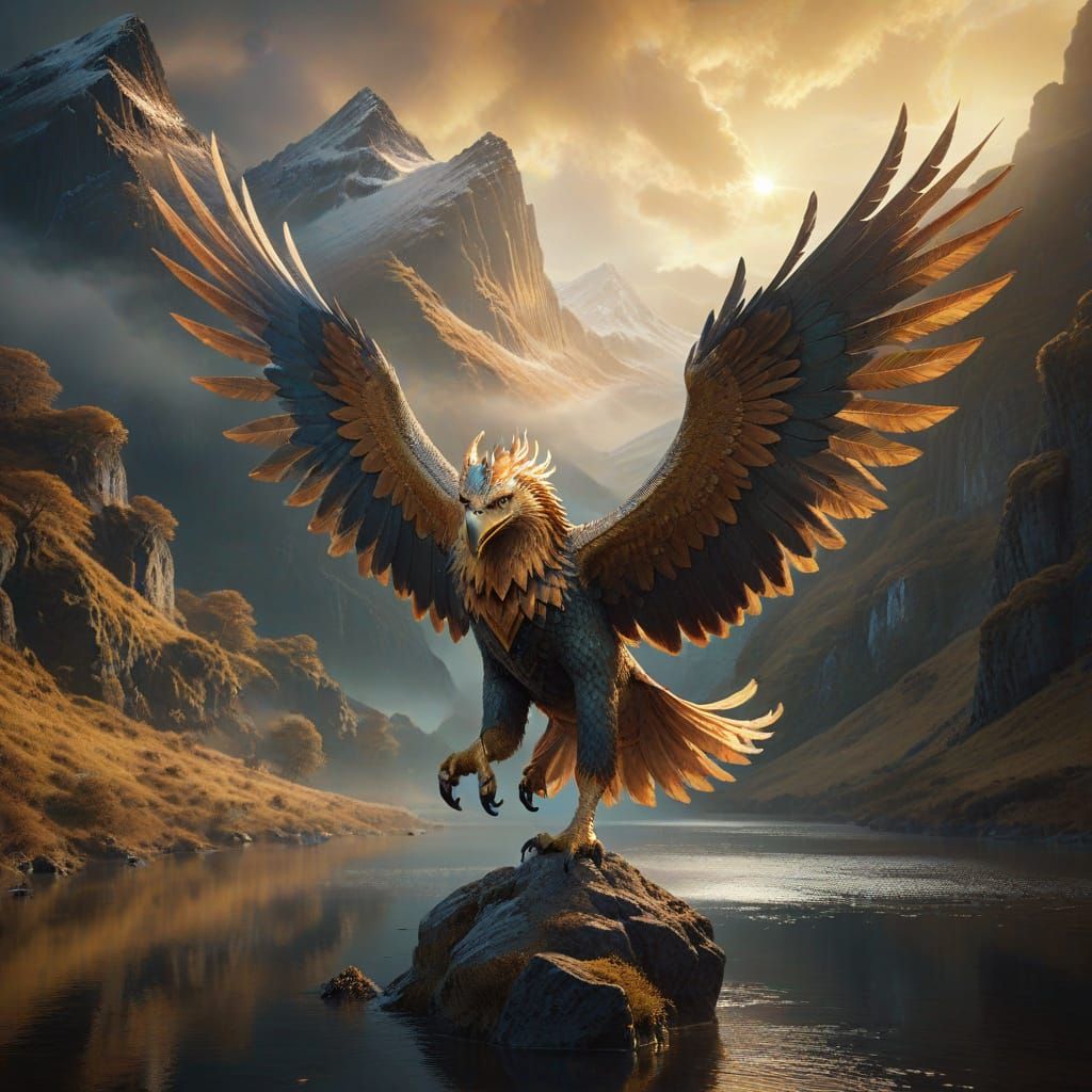 Majestic Griffin Soaring Above Misty Scottish Glen