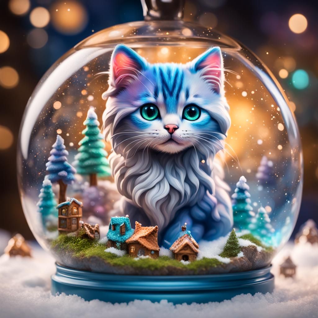 Kitten Snow Village in Terrarium: Hyperrealistic Concept Art