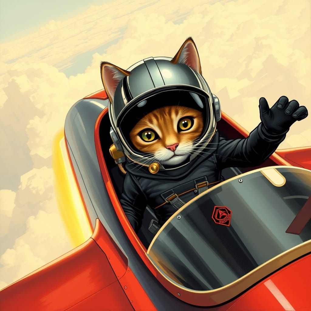 A kitty flying a jet fighter wearing a helmet with a breather