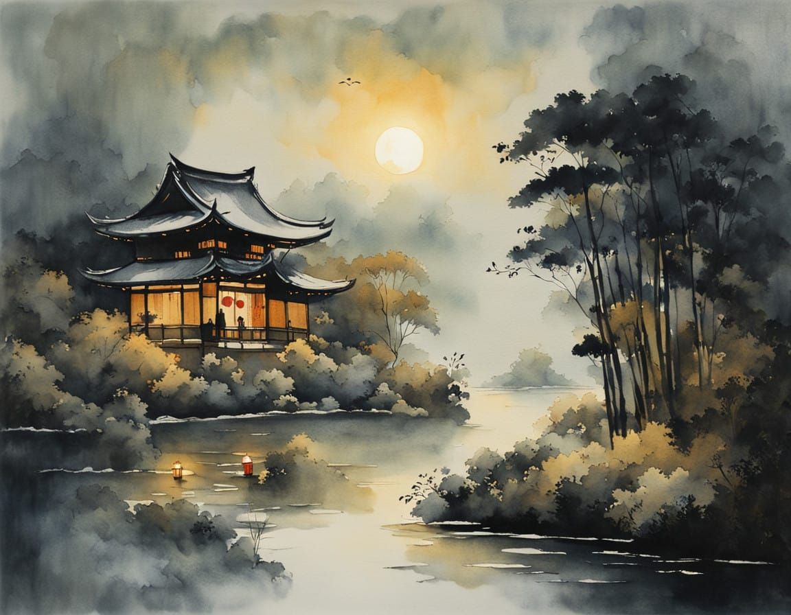 Surreal Japanese Village at Night, in Traditional Watercolor...