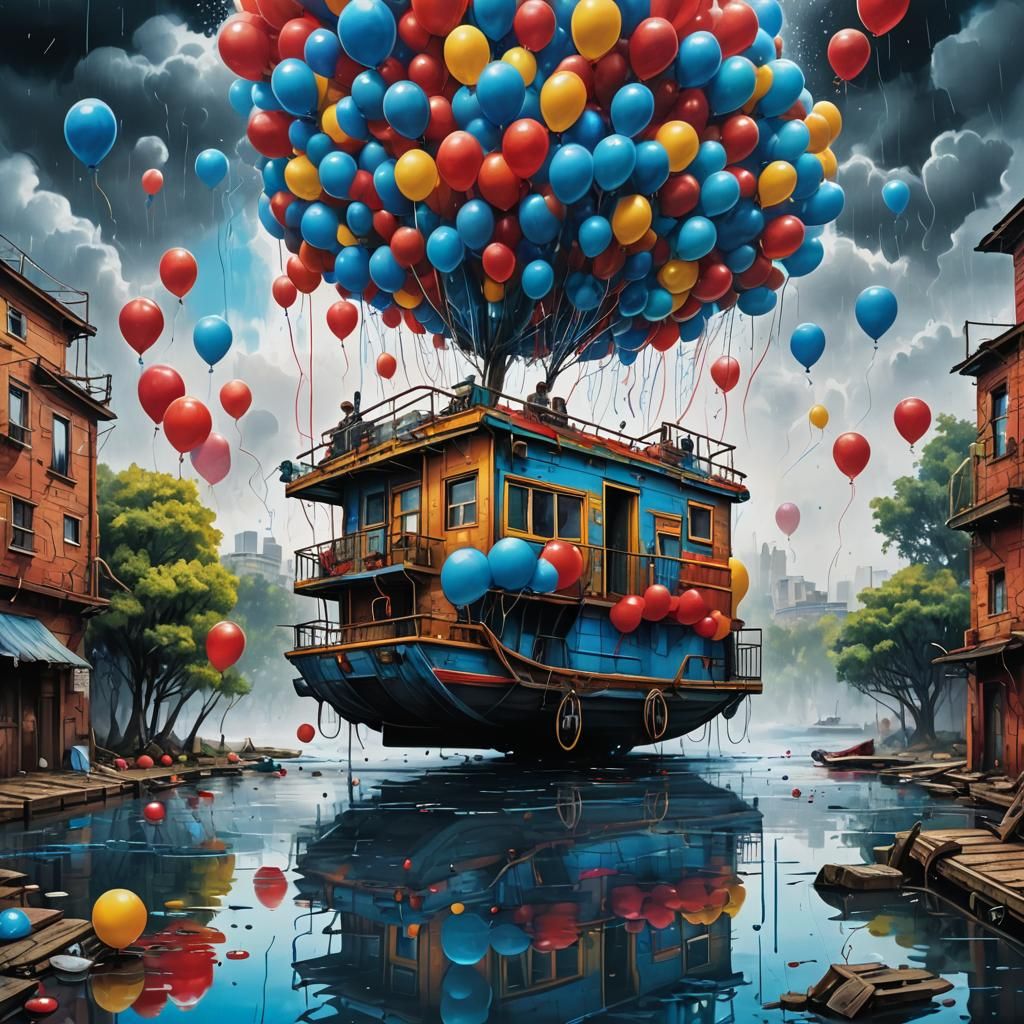 Dystopian Balloon Houseboat in Graffiti Splash Art