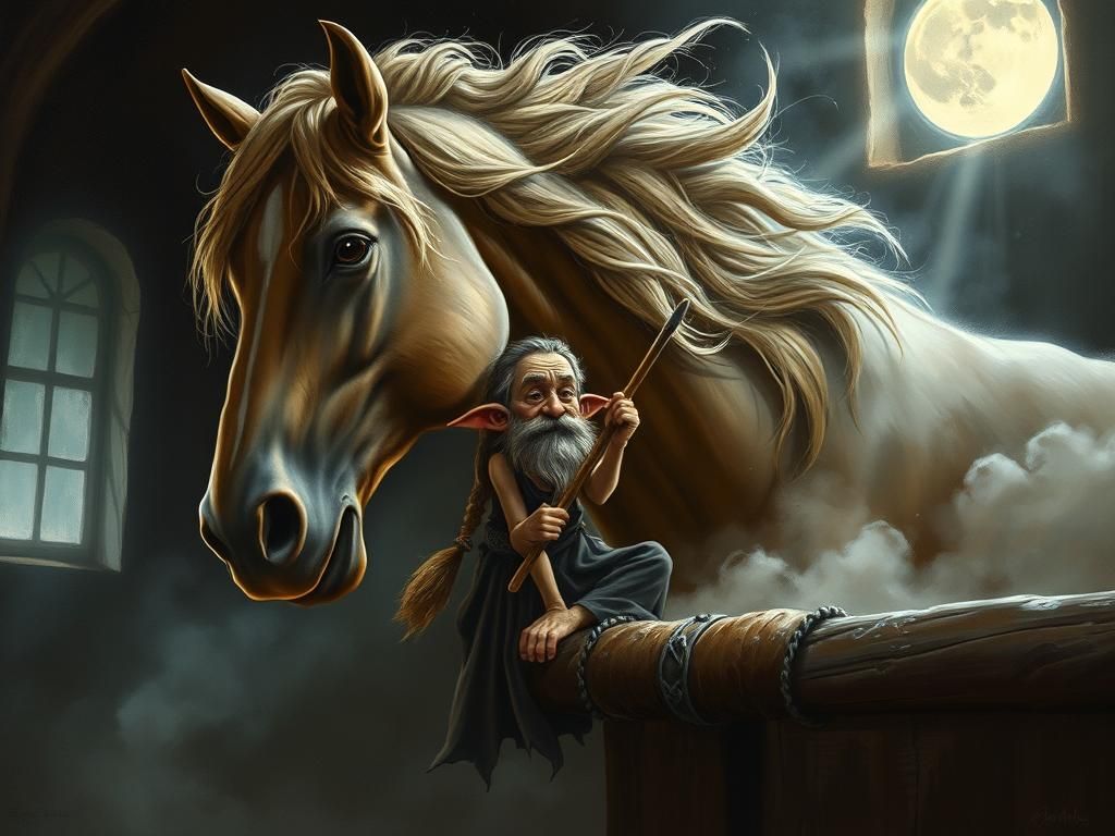 Brownie Combing Horse Mane in Storm, Surreal Painting
