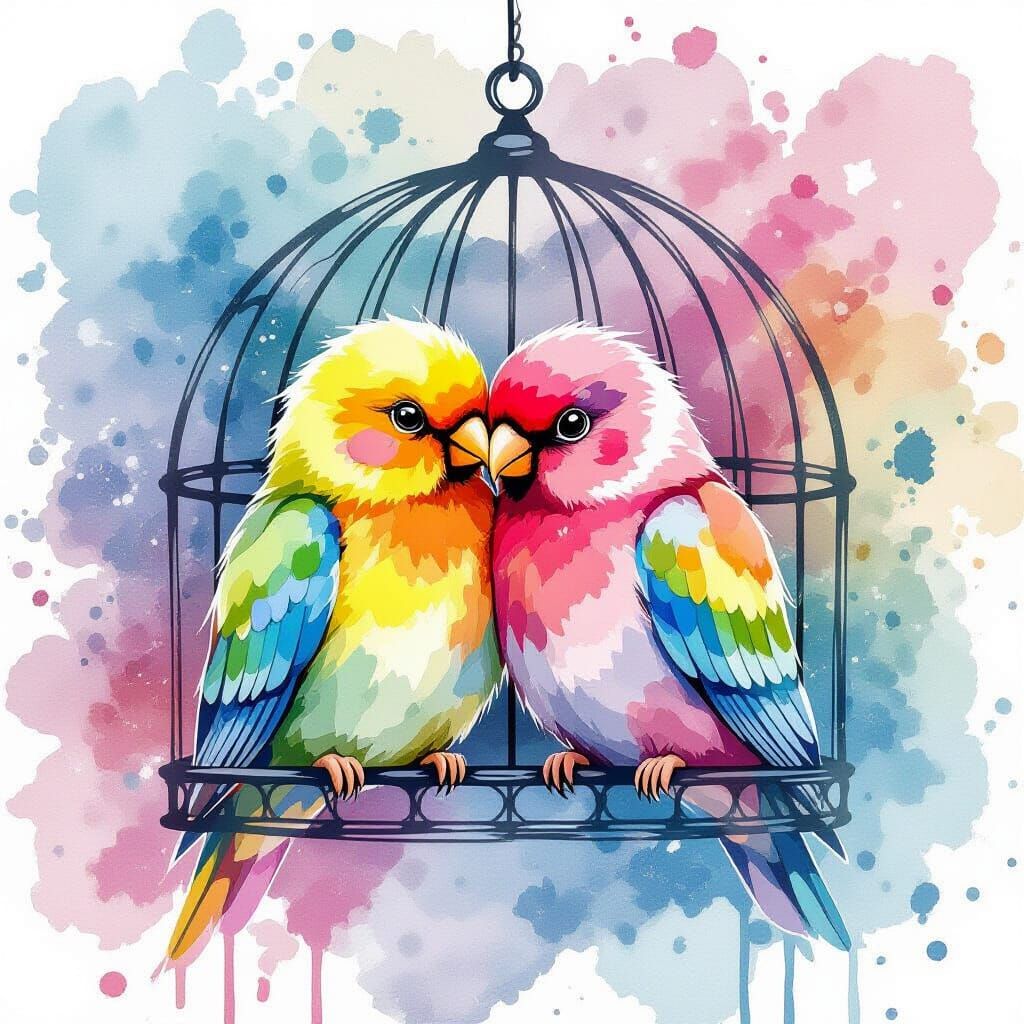 Lovebirds Cuddling in Cage in Watercolor Style