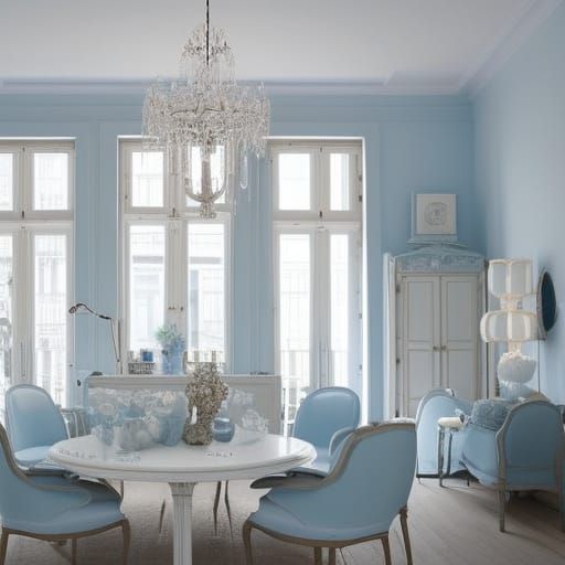 Fleur Delacour themed penthouse with ethereal light blue French walls with White accents& Silver accents& ethereal Frenc...