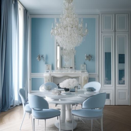 Fleur Delacour themed penthouse with ethereal light blue French walls with White accents& Silver accents& ethereal Frenc...