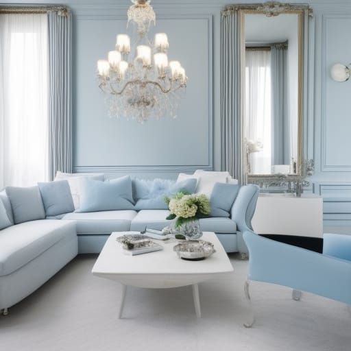 Fleur Delacour themed penthouse with ethereal light blue French walls with White accents& Silver accents& ethereal Frenc...