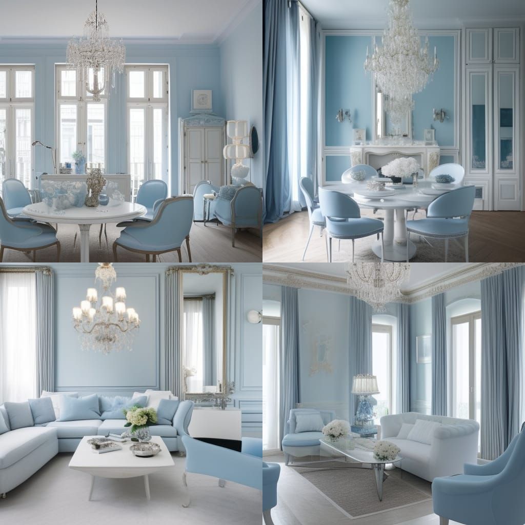 Fleur Delacour themed penthouse with ethereal light blue French walls with White accents& Silver accents& ethereal Frenc...