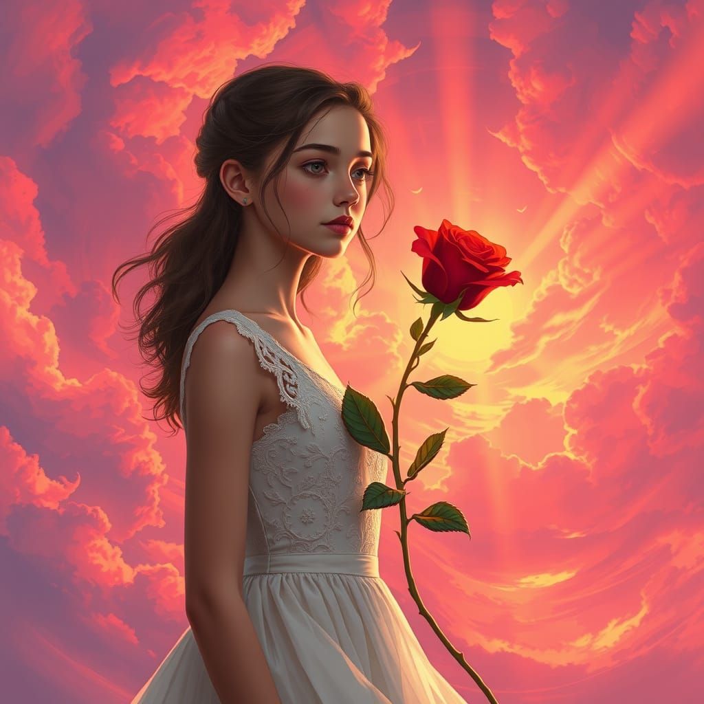 Ethereal Teenage Goddess Amidst a Blazing Apocalypse