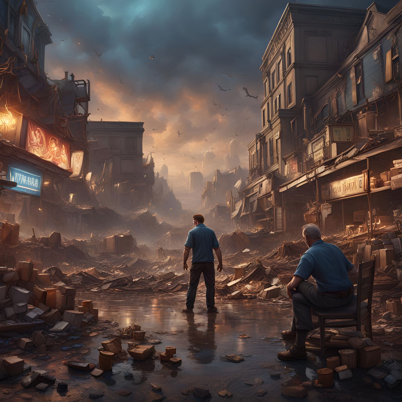 Drunk Man Tears Up Store: Detailed Matte Painting