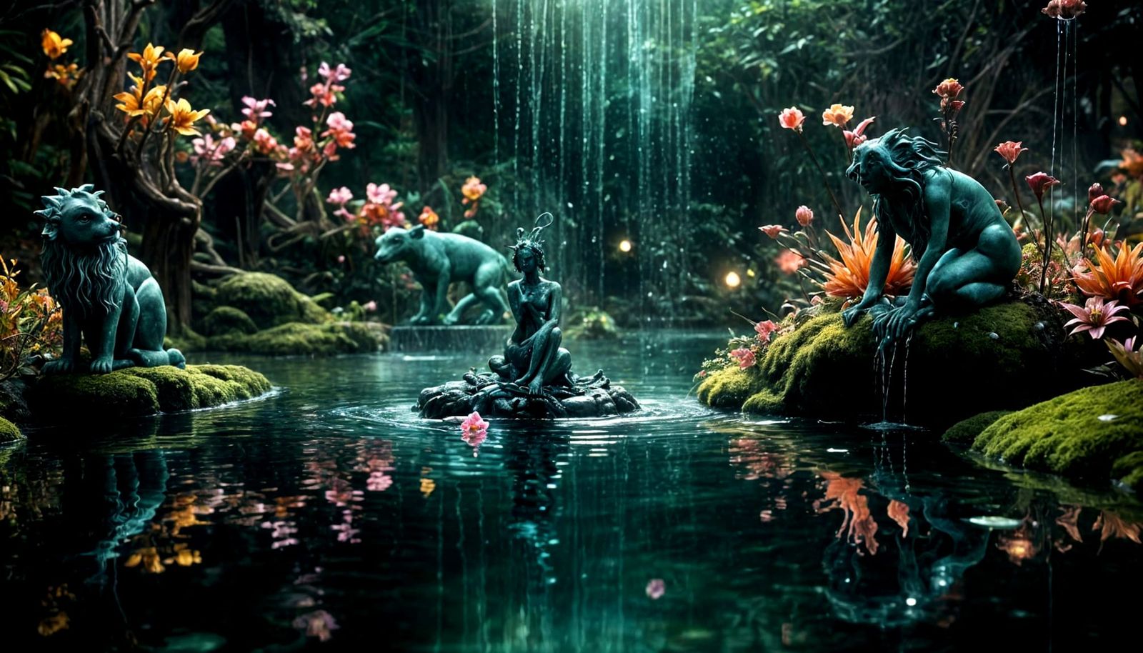Baroque Fountain Scene with Nymphs, in Surrealist Style
