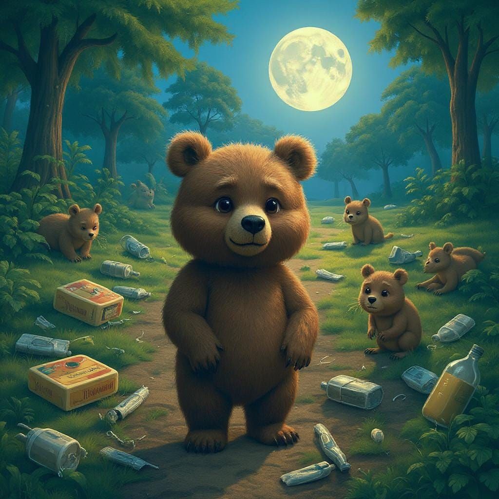 Baby Bear in Polluted Forest