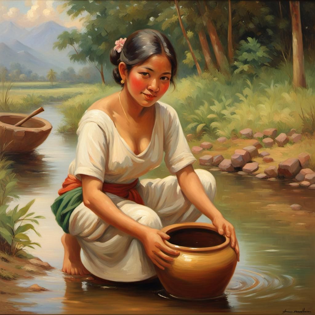 Village Beauty with Clay Pot in Oil Painting Style