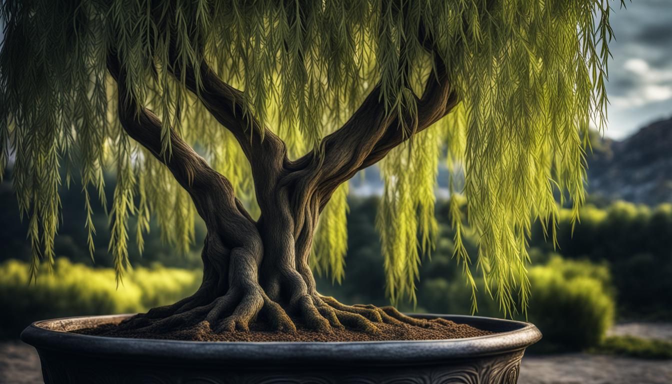 Hyperrealistic Willow Tree in Pot, Cinematic HDR