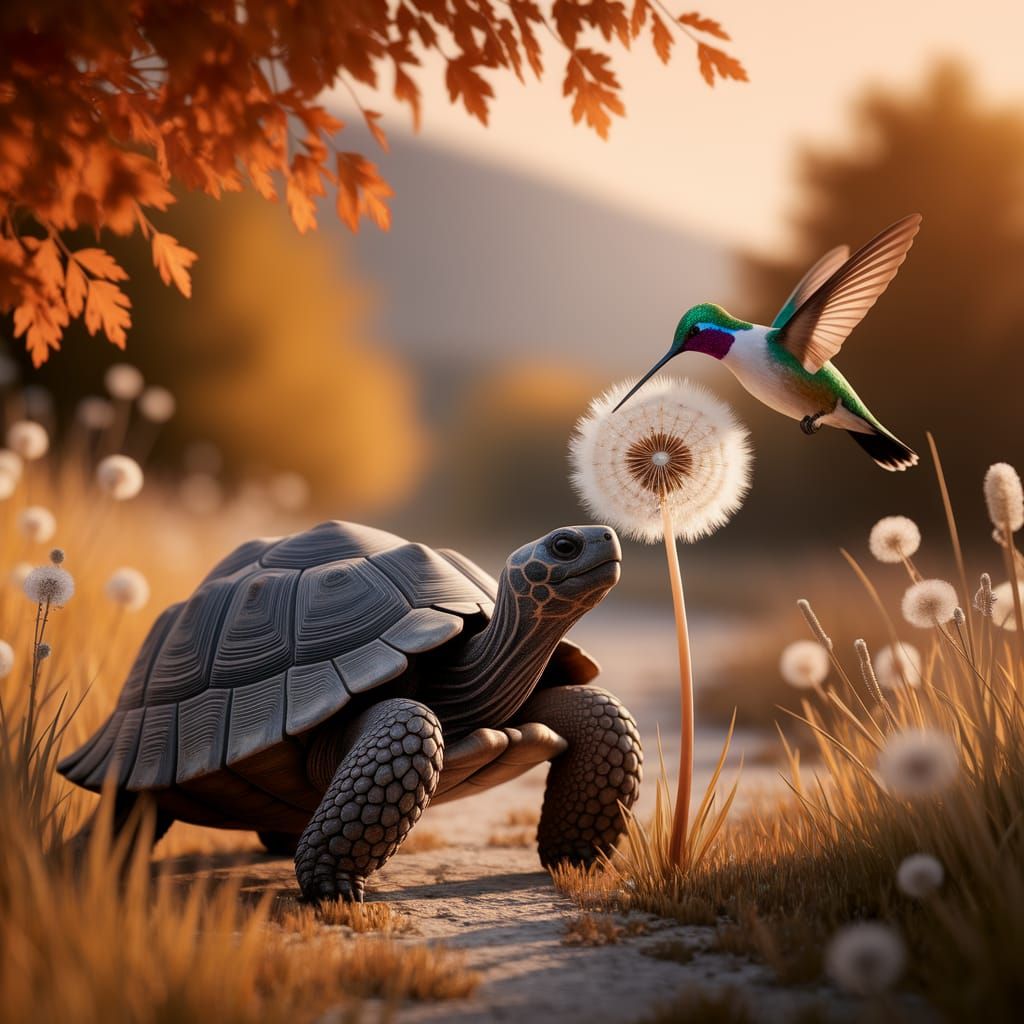 Ancient Tortoise and Hummingbird Share Dandelion Seed