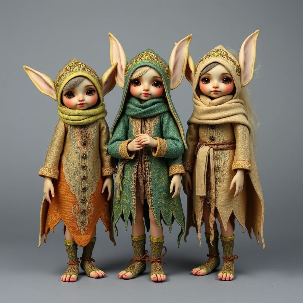Elfin Folk in Gold, Blue and Green