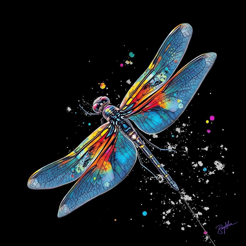 Iridescent Damselfly with Ink Splatter Effect