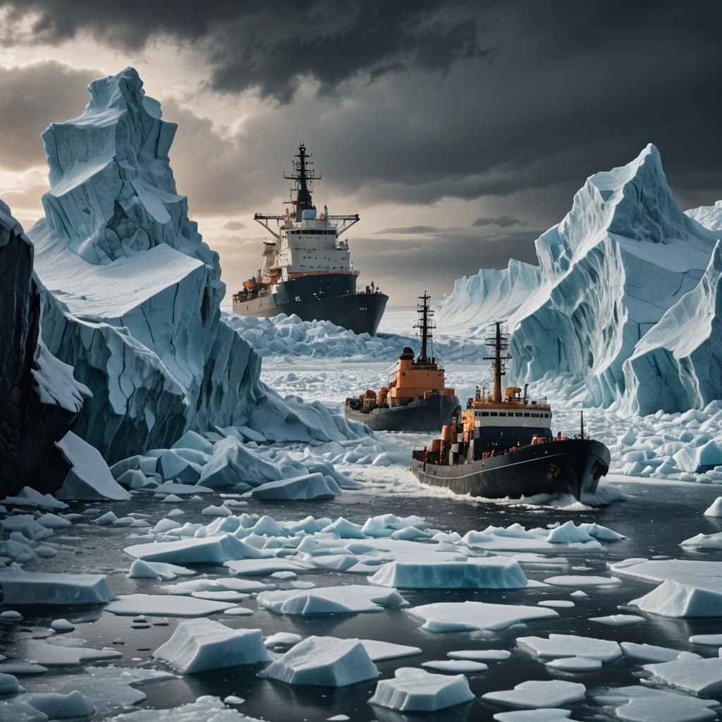 Dark, gloomy Arctic. Sea covered in ice.