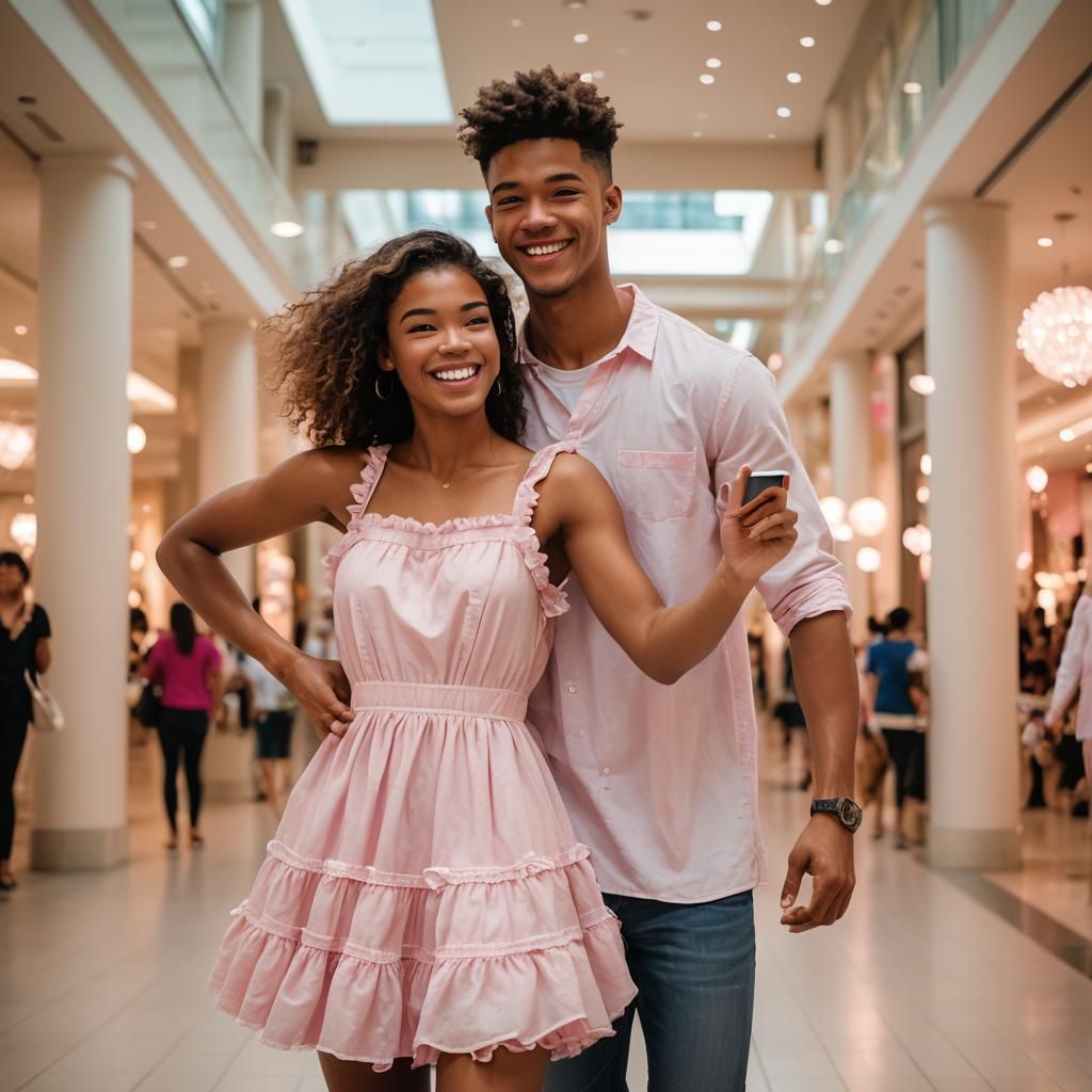 Confident Teen in Pink Dress Takes Mall Selfie