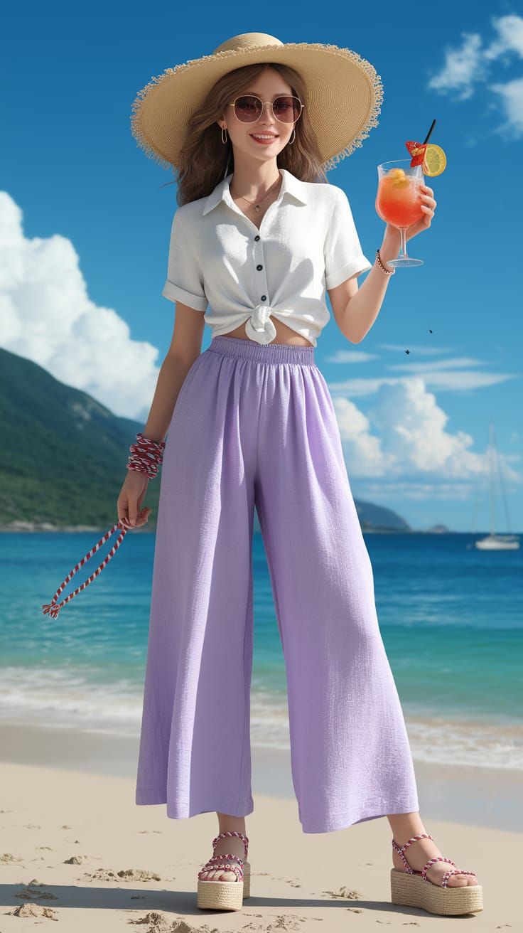 Anime Style Woman in Linen on the Beach
