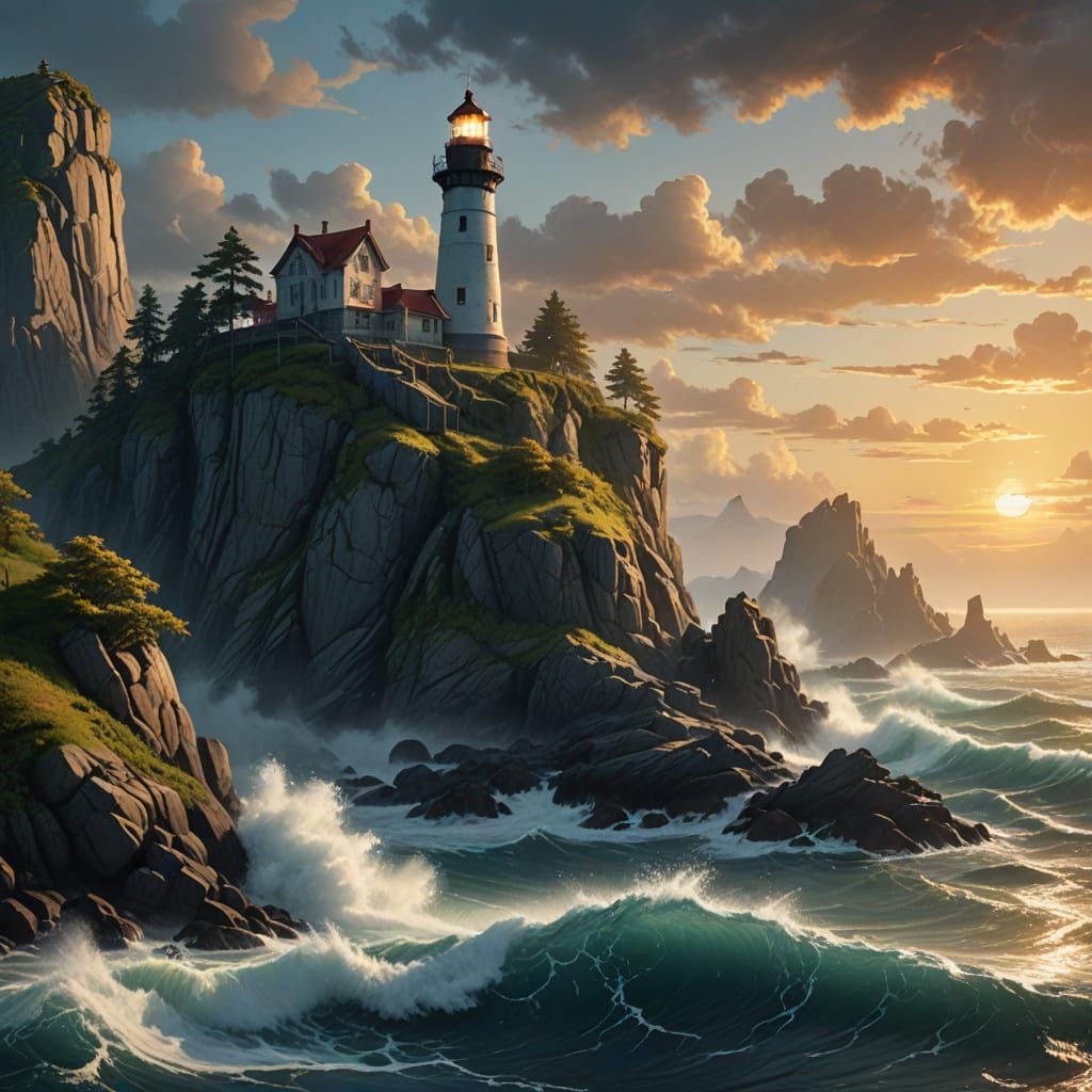 Imposing Lighthouse Amidst Towering Cliffs in Vibrant Splash...