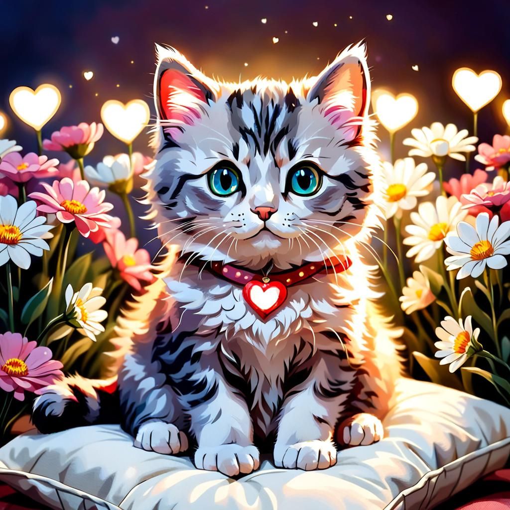 Cute Cat Surrounded by Flowers and Heart Lights