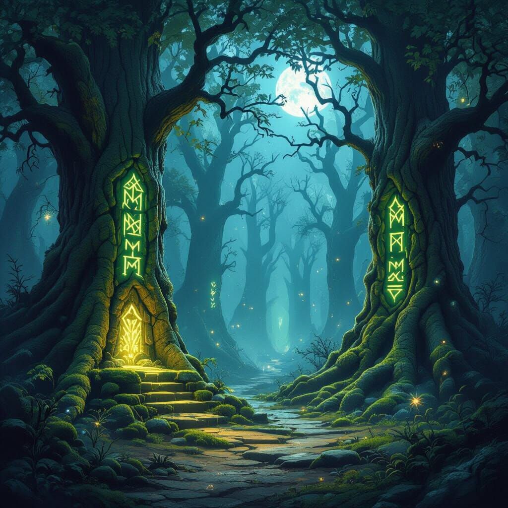 Mystical Forest Clearing with Glowing Runes