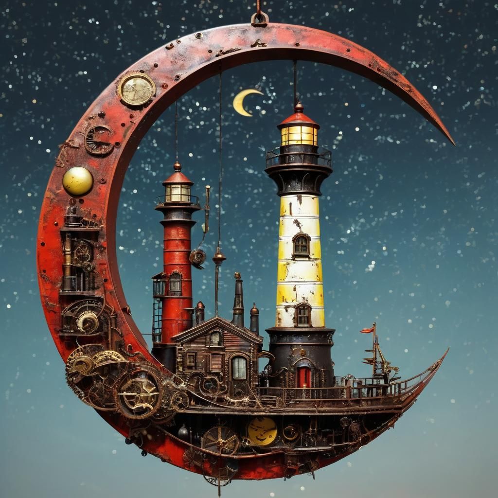 Steampunk Crescent Moon and Lighthouse in Scrappunk Style