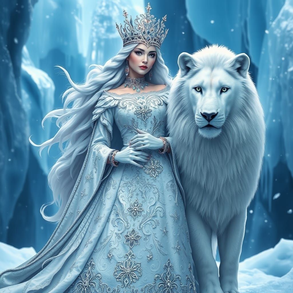 Ice Queen and Snow Lion in Fantasy Art Style