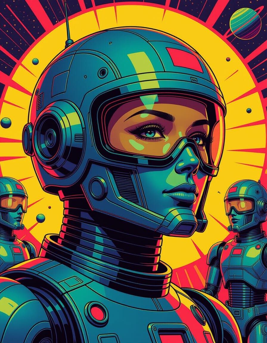 Vintage Robot Toys in Neon Concept Art Style