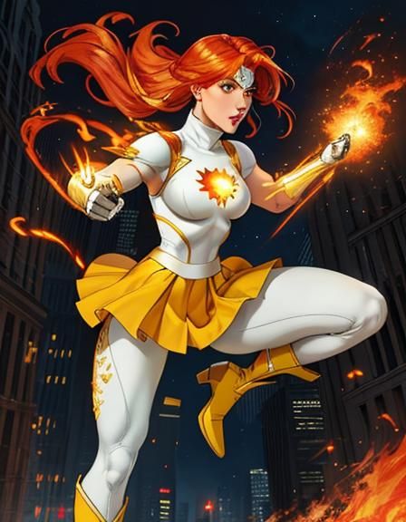 Redhead Superheroine with Fire Powers in Action Painting