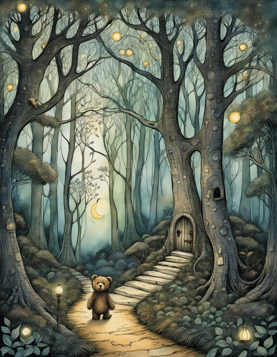 Teddy Bear's Mystical Forest Journey: Gorey & Rackham Style