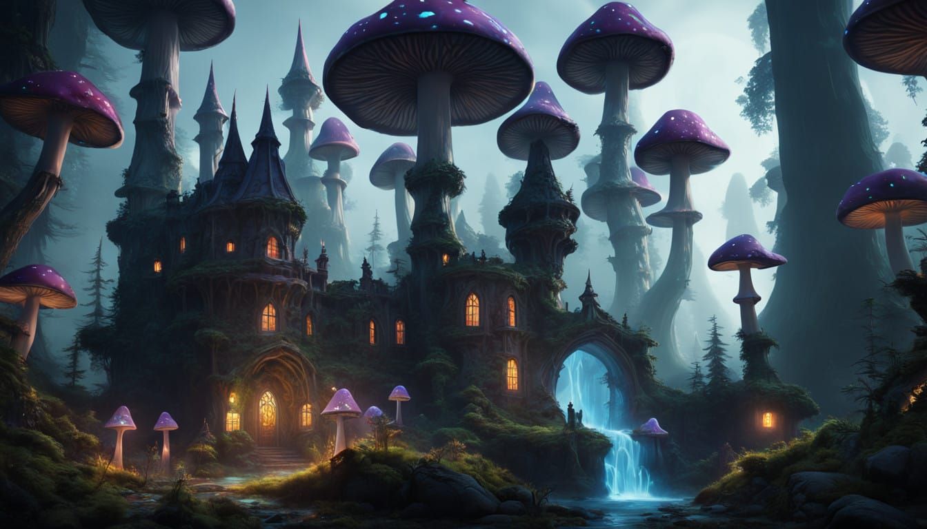 Ethereal Bioluminescent Castle Amidst Enchanted Forest in Ir...