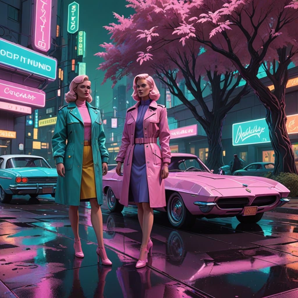 Stepford Wives in Whimsical Battle, Cyberpunk Fantasy