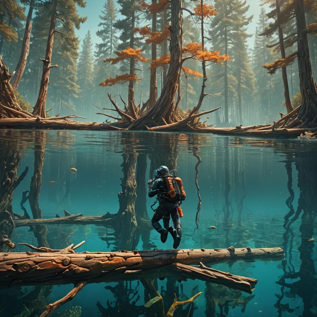 Underwater Log Salvage in Clear Lake: Matte Painting