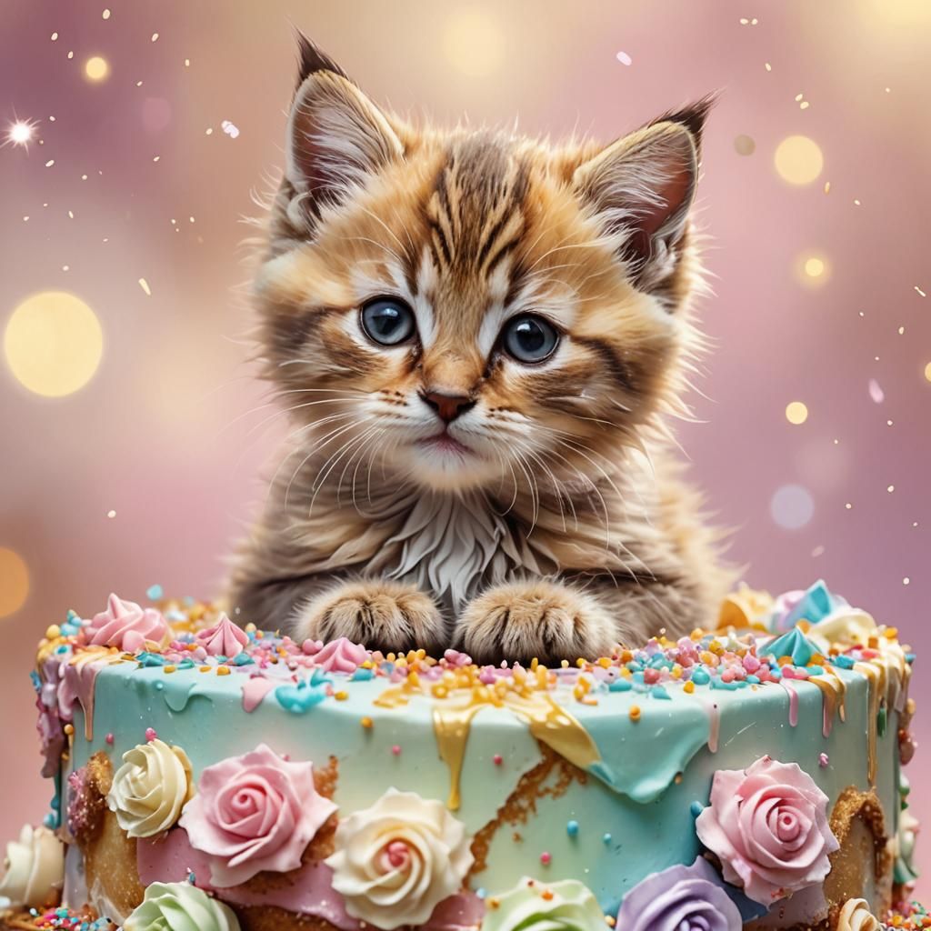 Kitten on Cake in Whimsical Digital Art