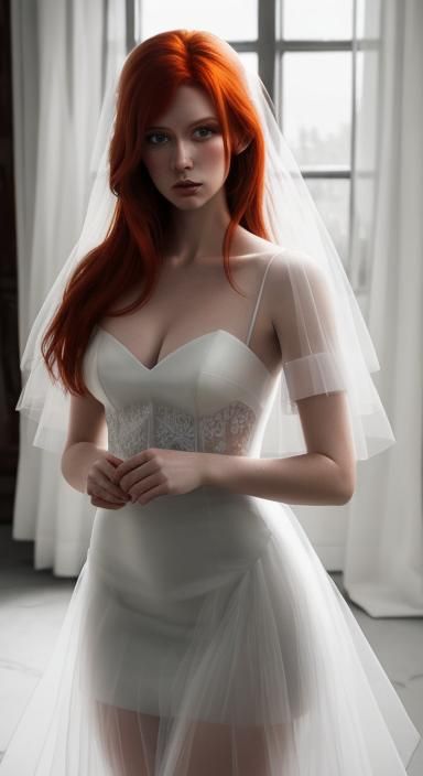 Worried Redhead in White Dress Portrait