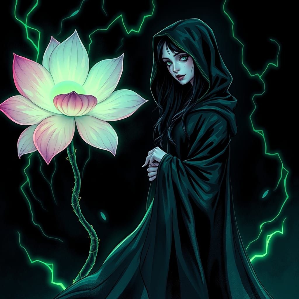 Gothic Woman and Luminous Plant in Dreamscape