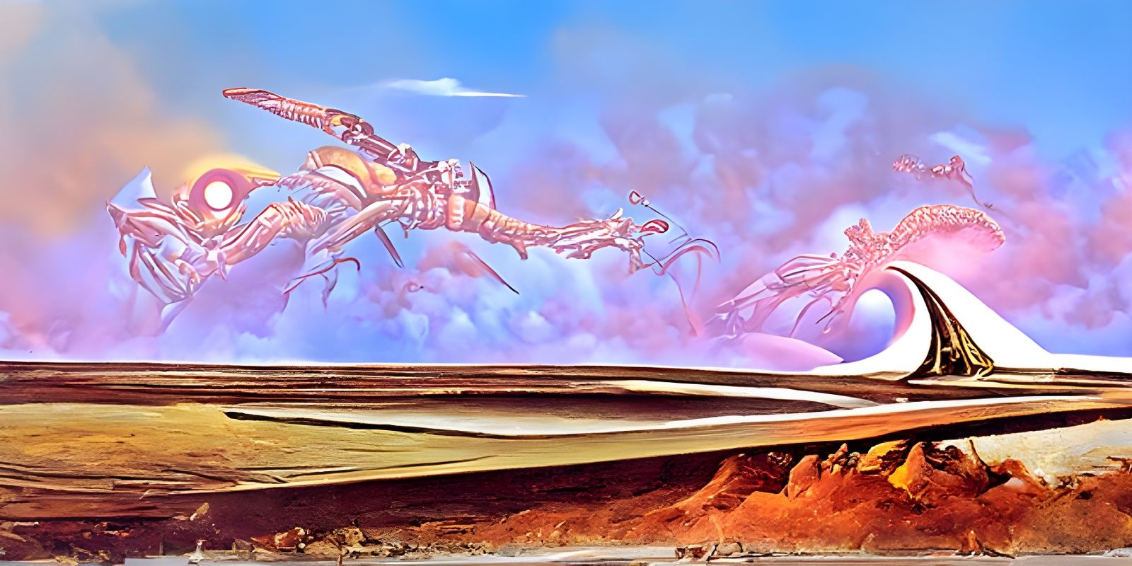 Vintage Sci-Fi Landscape with Distant Leviathans