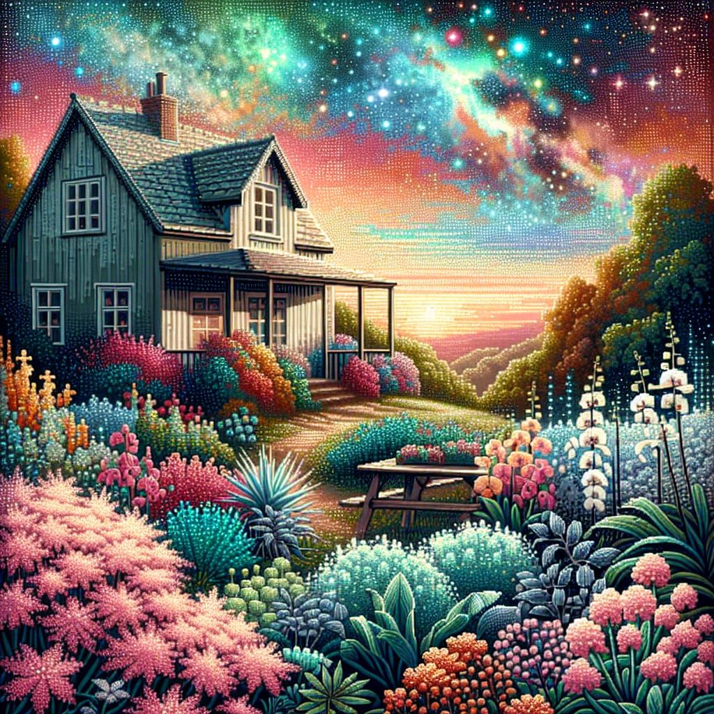 Mosaic Country Cottage Scene with Cosmic Sky