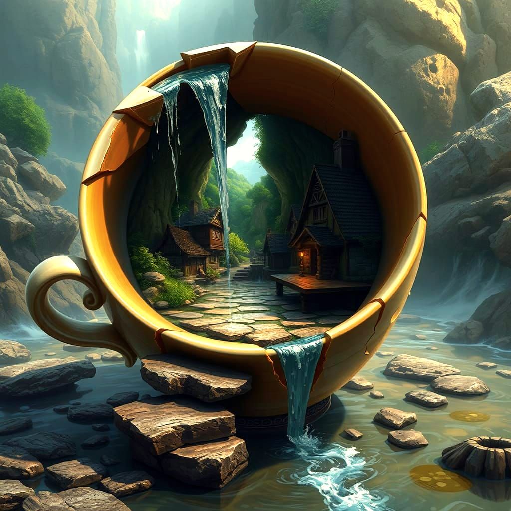 Teacup Portal to Fantasy Village in Matte Painting