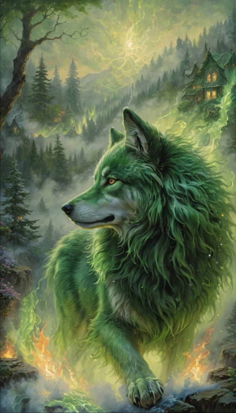 Ethereal Green Fire Wolf in Fantasy Landscape