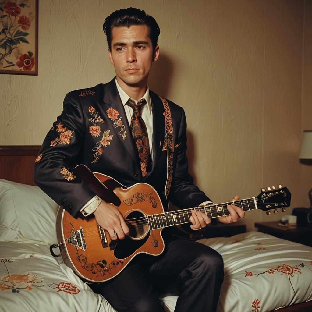 1950s Man with Guitar in Retro Motel Room