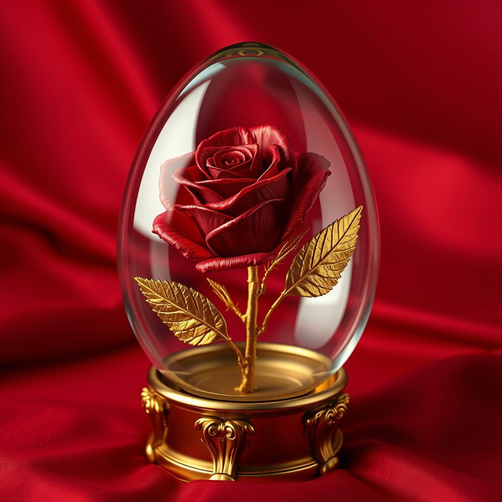 Elegant Glass Egg with Golden Rose and Leaves in Scarlet Sat...