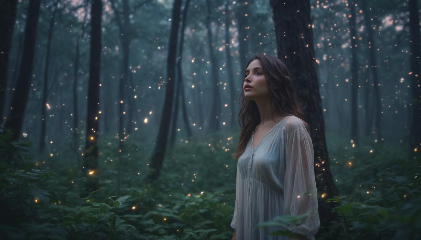 Ethereal Woman in Mystical Forest at Twilight